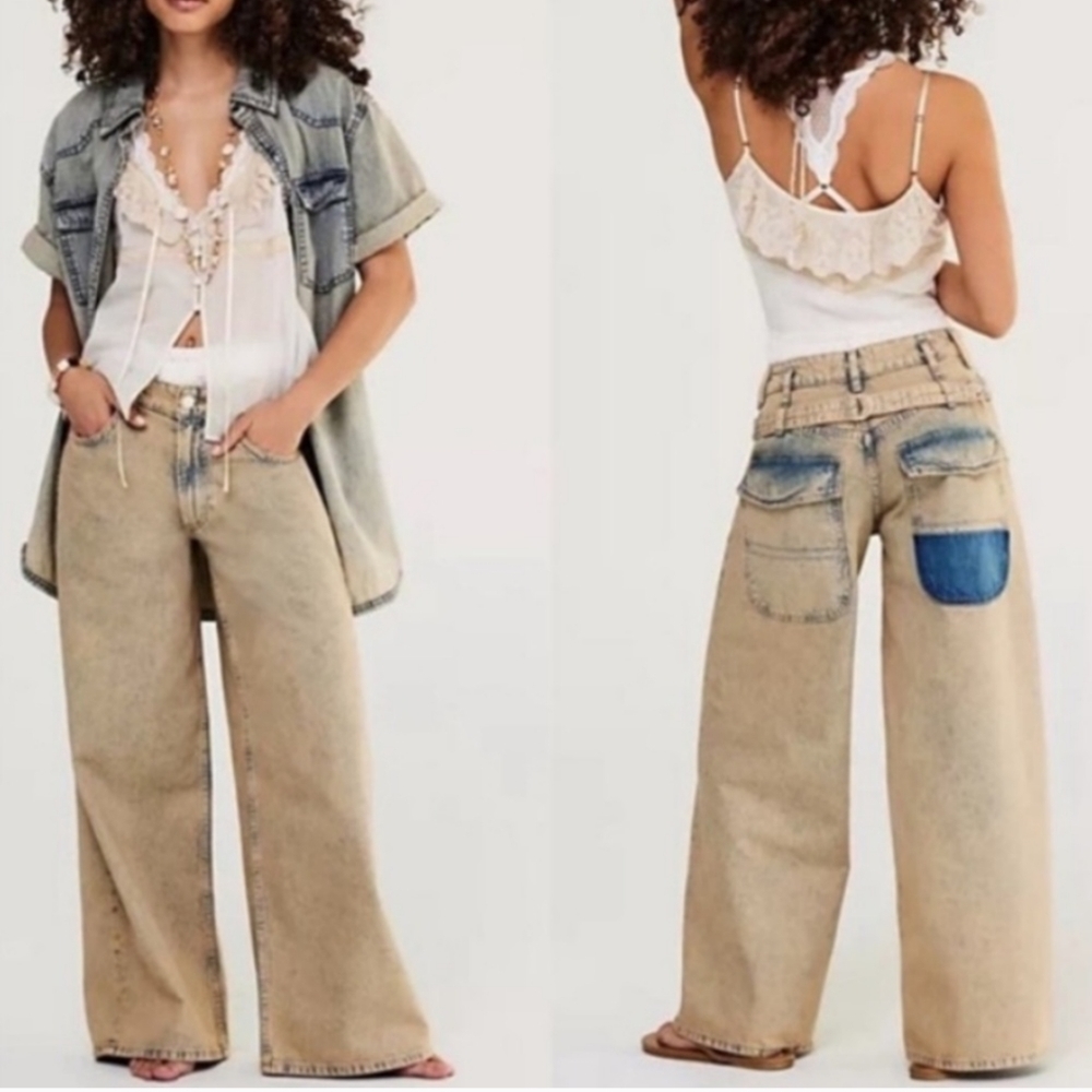 NWT Free People Waterfalls Baggy Wide Leg Jeans in Cowbaoy Wash Size 24 (Short)